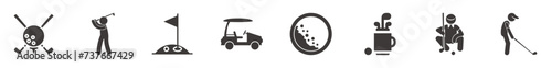 Set of golf Related Vector flat Icons. Includes such Icons as a Golf ball, hole, Golf car, field games, stick and so on.
