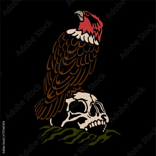 vector illustration artwork of eagle falcon stand at skull head.