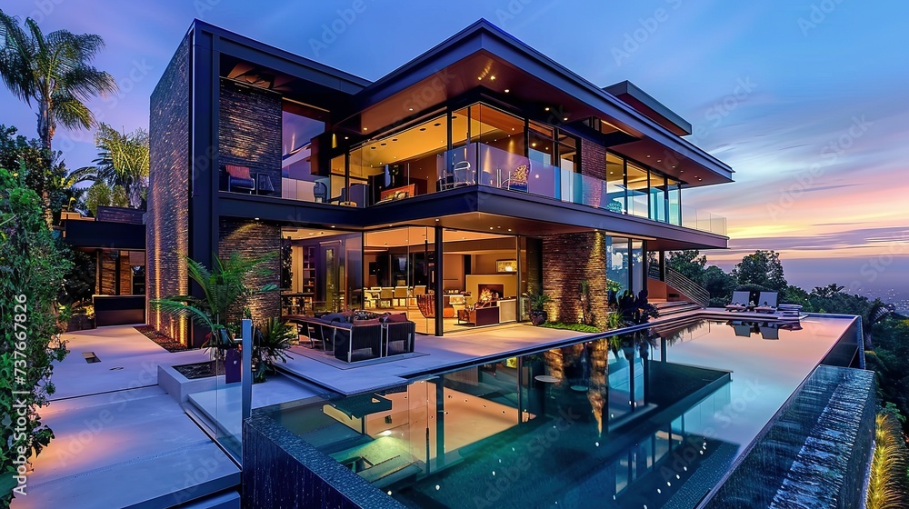 Fototapeta premium Impressive modern mansion with pool at dusk