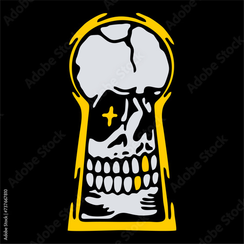 vector illustration artwork of skull skeleton peep at key hole