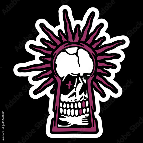 vector illustration artwork of skull skeleton peep at key hole