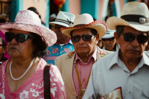 Group of Mexican Churchgoers Wearing Hats and Sunglasses. Generative AI. © Lukasz Czajkowski