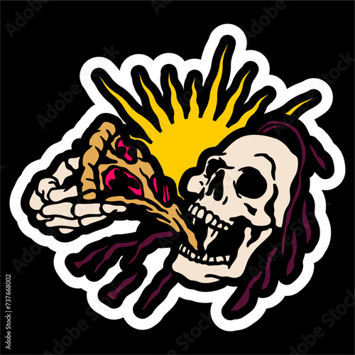 vector illustration artwork of grim reaper skull skeleton eating pizza slice.