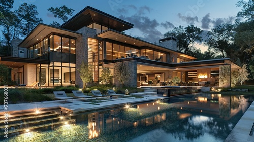 Impressive modern mansion with pool at dusk © Jennifer