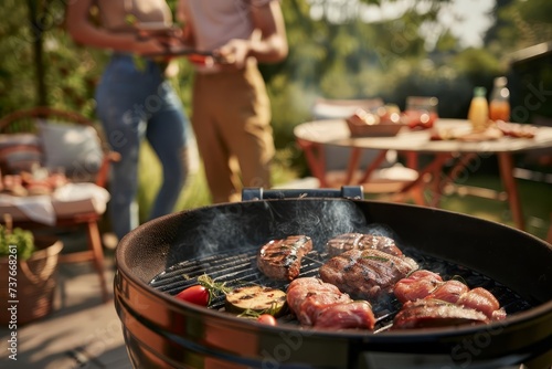 Bbq party scene with friends grilling meat outdoors Enjoying the weekend together in a relaxed and festive atmosphere