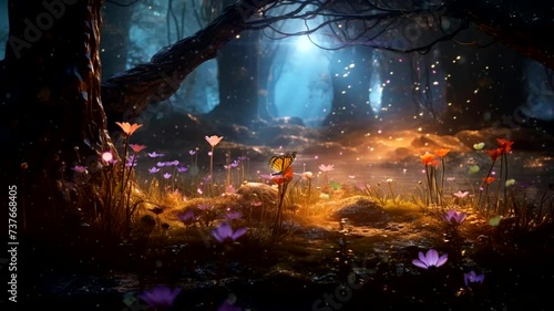 Beautiful forest with fairy tale scene, animated virtual repeating seamless 4k	
 photo