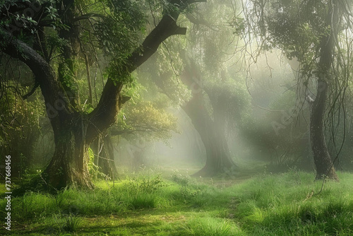 A mystical forest shrouded in mist, with ancient trees and ethereal light