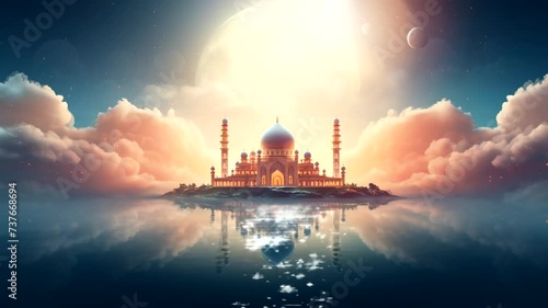 Mosque scene in cloudy heaven or interstellar, animated virtual repeating seamless 4k	
 photo