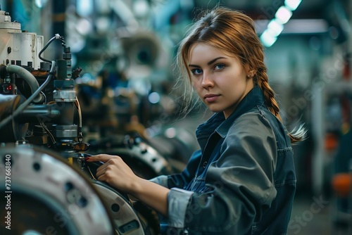 Confident woman operating machinery in an automotive factory Showcasing skill Precision And empowerment in a traditionally male-dominated industry