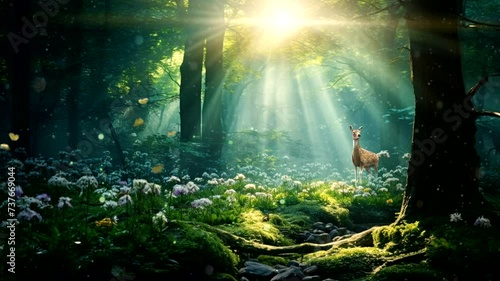 Beautiful forest with fairy tale scene, animated virtual repeating seamless 4k	
