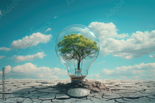 Light bulb containing a small tree, placed on a silver coin, with cracked soil on blue sky with clouds, Green Energy, Nurturing Sustainability in a Fragile World, renewable energy, environmental, eco