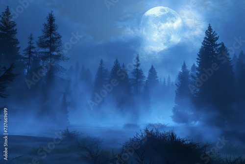 Foggy forest under moonlight Creating a spooky and mysterious atmosphere Perfect for abstract Halloween Or fantasy themes With an emphasis on mood and ambiance © Bijac