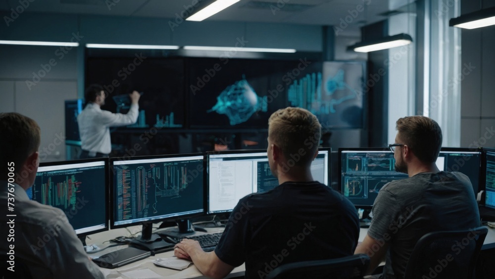 A group of IT specialists write software code for their client A group of IT specialists write software code for their client