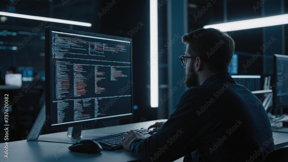 A group of IT specialists write software code for their client