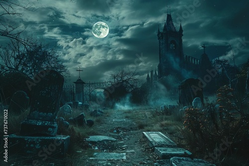 Halloween graveyard scene leading to a castle Under a spooky night sky with a full moon Creating an eerie and atmospheric setting
