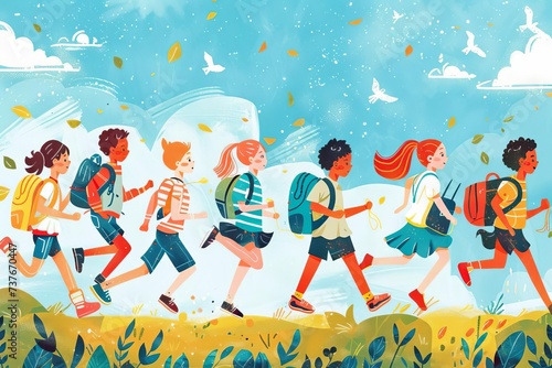 Illustration of kids running to school Capturing the excitement and energy of a new academic year
