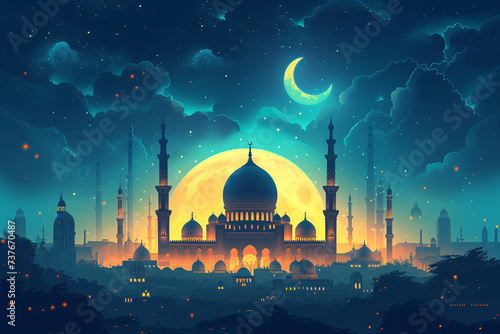 A serene Ramadan concept illustration showcasing a mosque with a crescent moon, highlighting celebration and spirituality.
