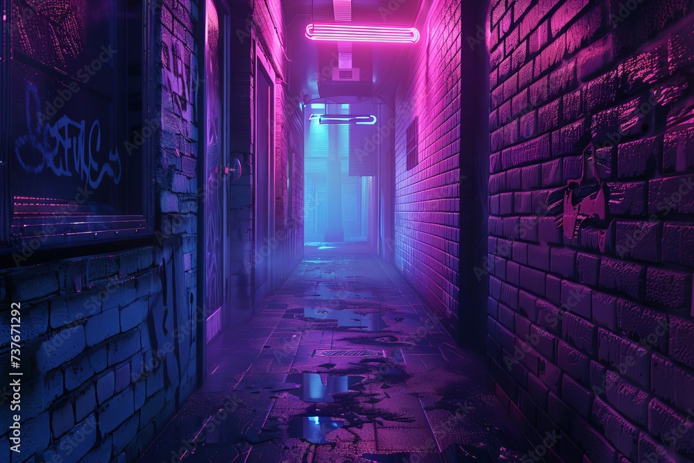 Neon-lit alleyway with a textured brick wall Creating an atmospheric ...