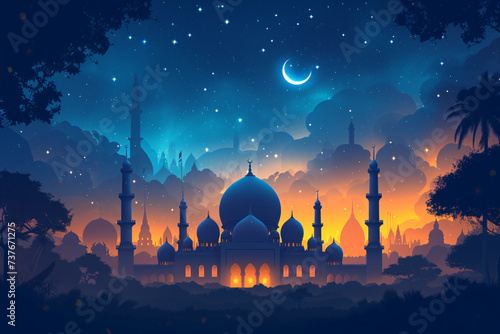 Silhouette of an Islamic mosque under a starry night sky with a crescent moon, evoking the Ramadan spirit. photo