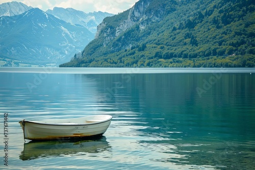 Peaceful lake scene with a solitary boat floating on calm waters Surrounded by natural beauty and a sense of serenity