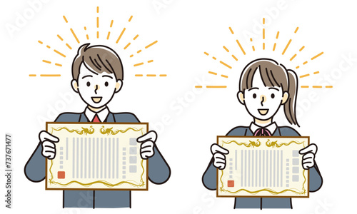 卒業証書を持って嬉しそうな男女学生