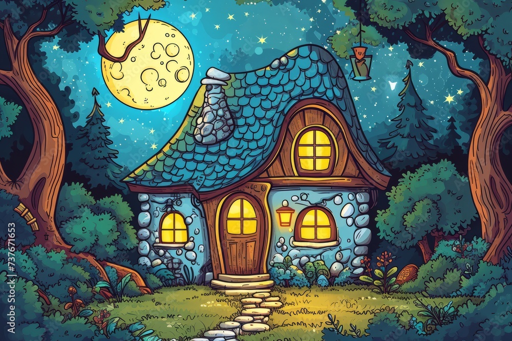 Obraz premium Cartoon cute doodles of a quaint cottage in the woods, with characters enjoying a peaceful and cozy atmosphere, Generative AI