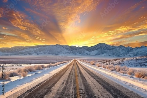 Scenic desert road stretching into a breathtaking sunset