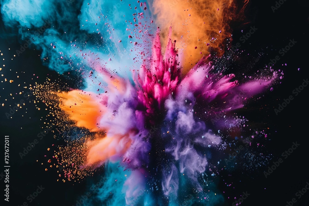 Vibrant explosion of multicolored powder Capturing the dynamic energy and joy of color in motion Isolated on a dark background for dramatic effect