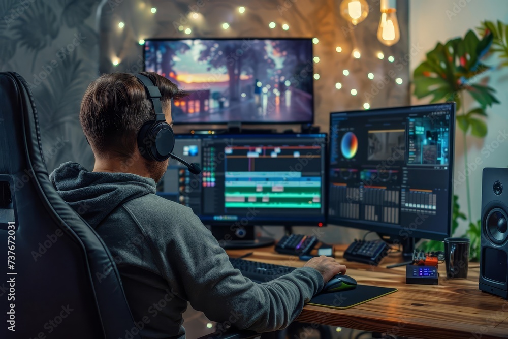 Video editor engaged in crafting a film sequence on a high-end editing workstation Video editor engaged in crafting a film sequence on a high-end editing workstation