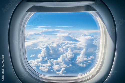 View from an airplane window of the sky filled with clouds Offering a serene and expansive perspective on travel Exploration And the vastness of the atmosphere