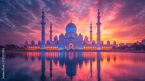 Sunset view of a Mosque with vibrant sky colors reflected in water, symbolizing peace and Islamic culture.