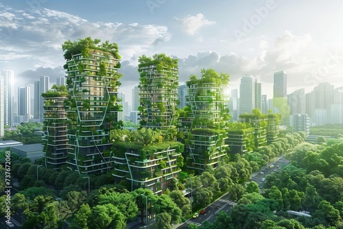 Vision of a sustainable city with green roofs Renewable energy sources And eco-friendly transportation Highlighting urban environmental responsibility