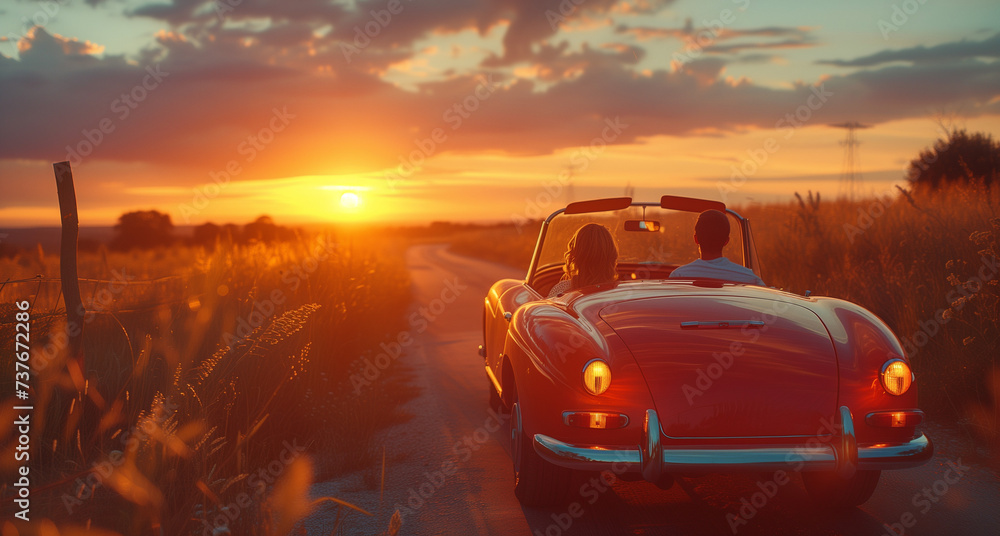 road trip with an old vintage retro car, classic car, summer trip, travel concept, classic car at sunset by the ocean, couple of men and woman in retro car