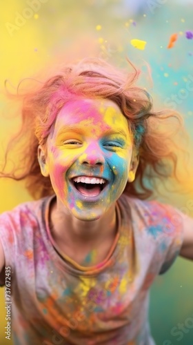happy child at holi festival, colors of joy , vibrant celebration, youth activities, blurred colorful powder air background. 