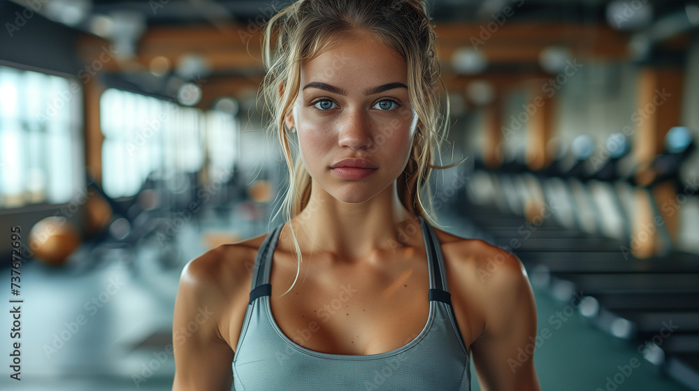 female in sportswear standing in the gym and looking at the camera. female in sportswear standing in the gym and looking at the camera.