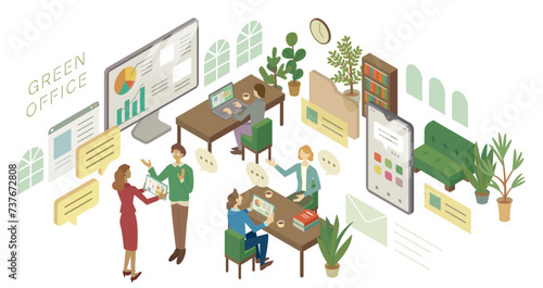 リラックスできるオフィスのアイソメトリックイラスト