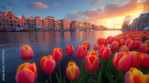 tulips in front of Amsterdam row houses, city scene, colorful Spring season in the Netherlands, colorful tulips in Amsterdam city