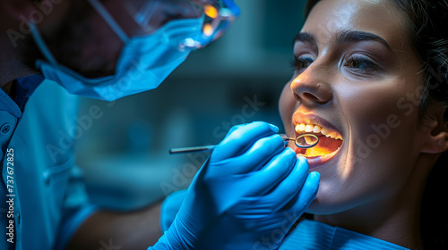 Female dentist examining a patient with tools in the dental clinic. A doctor doing dental treatment on man's teeth in the dentists chair at the clinic