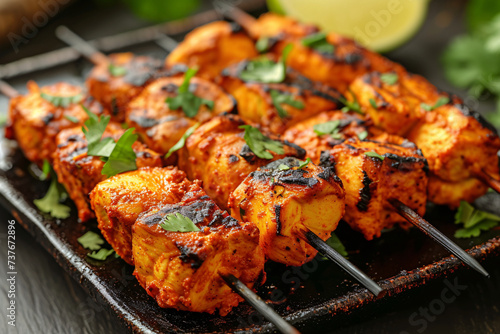 Spicy grilled chicken tikka on skewers with lemon and parsley, suitable for culinary themes and cultural celebrations. photo
