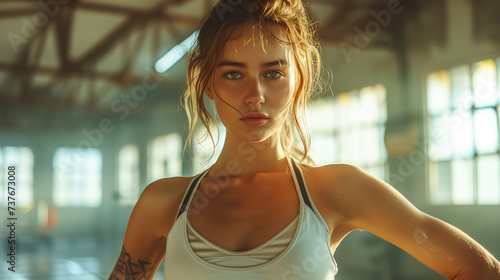 Strong and determined female in sportswear standing in the gym and looking at the camera. 