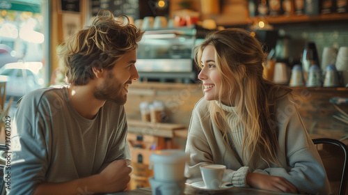 caucasian couple drinking coffee in a cafe in the city  a man and woman drinking coffee in a restaurant