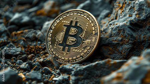 isolated bitcoin on a black pebble stones background, golden bitcoin coin