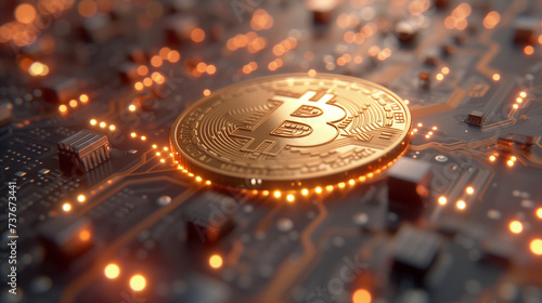 close up of Golden Bitcoins, Golden coins with bitcoin symbol crypto currency blockchain concept, Golden coins with bitcoin symbol on a mainboard	
