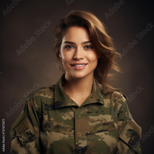 Soldada, mulher no exército uniformizada e sorrindo