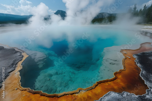 Geothermal hot springs of Yellowstone National Park, USA with steam rising from the pools against a backdrop of rugged mountains.