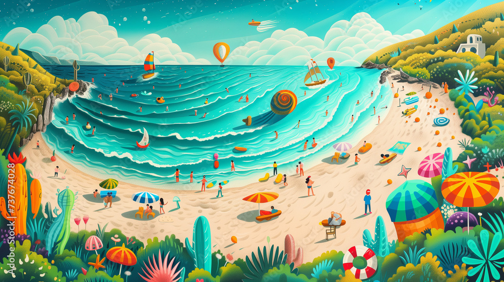 Day at the Beach, Colorful Summer Beach Illustration