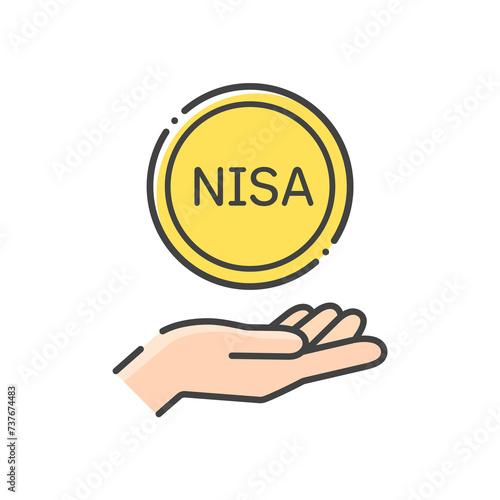 NISAの文字とコインを持っている人の手のアイコン - シンプルな投資･利益や配当金のイメージ素材
