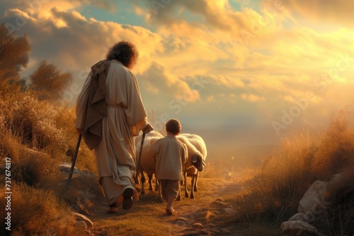 St. Joseph with boy Jesus Christ herding sheep: portrayal of a biblical drama, illustrating sacred bond between saint Joseph and young Jesus as they tend to the flock.