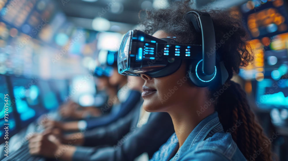 A group of individuals connected through virtual reality headsets are discussing and analyzing investment strategies in a digital world. This image represents the collaborative A group of individuals connected through virtual reality headsets are discussing and analyzing investment strategies in a digital world. This image represents the collaborative