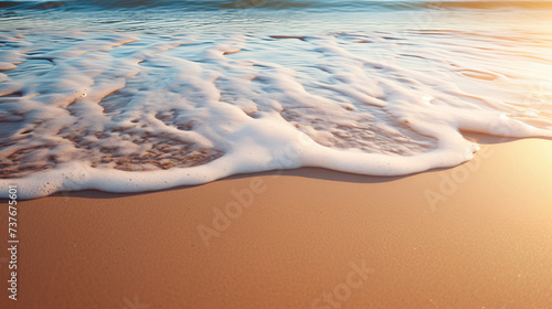 Gentle waves wash over golden sand at sunset  creating a serene beach scene perfect for backgrounds or nature themes.